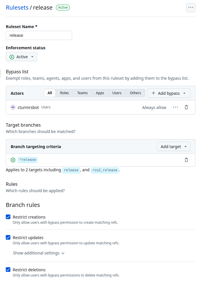Ruleset configuration for release