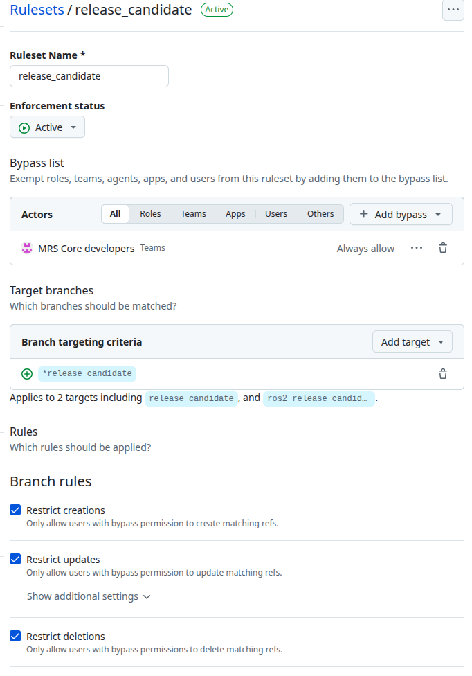 Ruleset configuration for release candidate