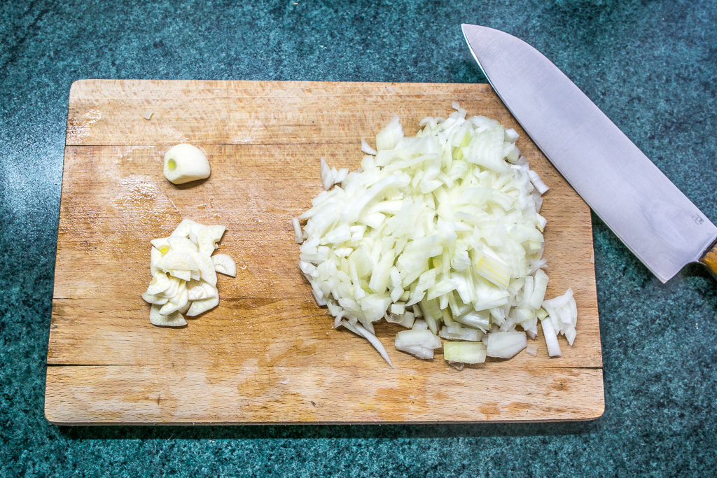 The onion after chopping with some garlic.